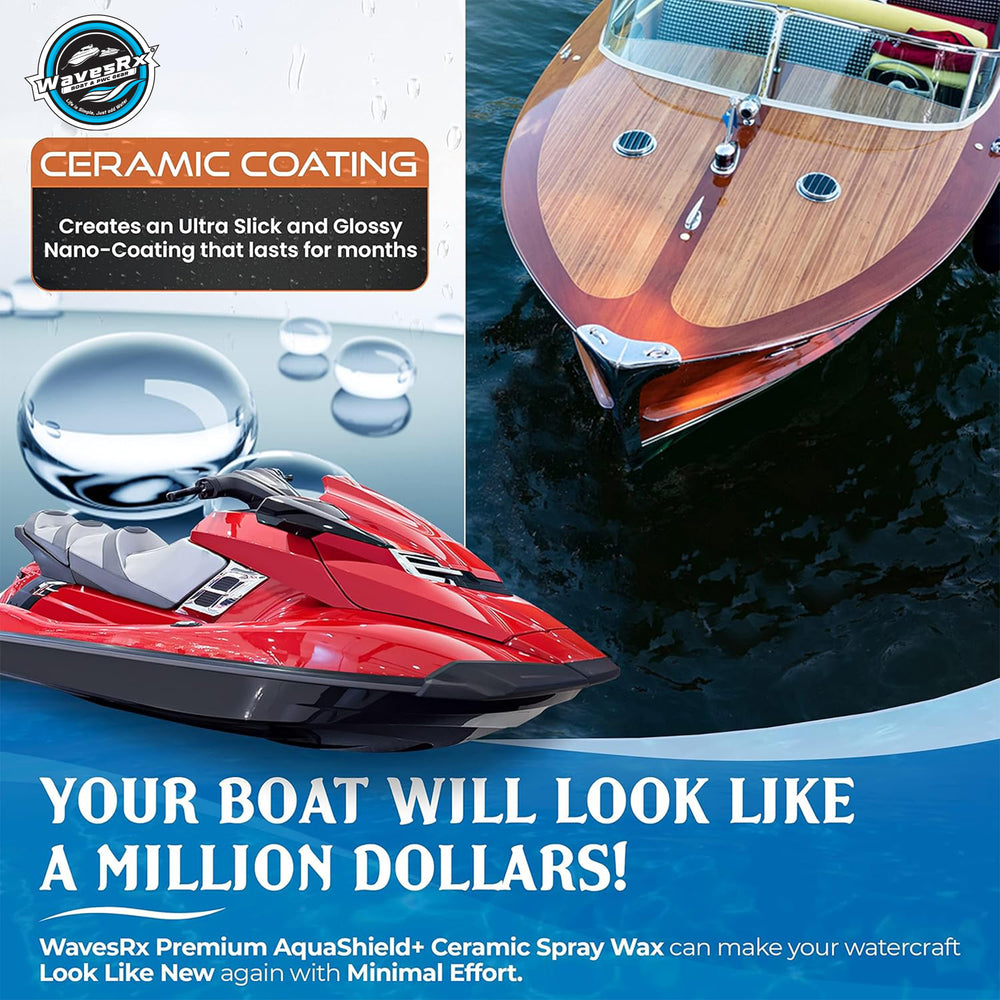 Advertisement for WavesRx ceramic coating on a boat and jet ski with promotional text.