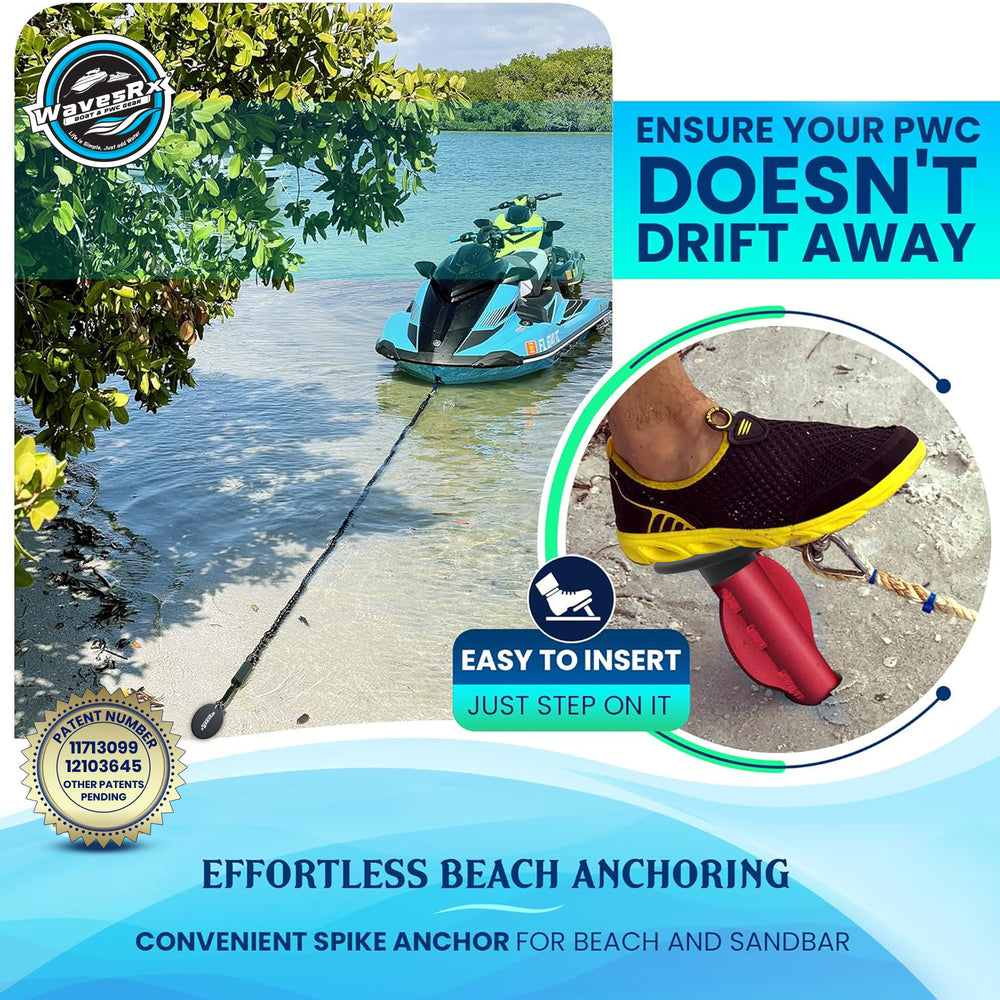 Advertisement for a spike anchor for beach anchoring with a watercraft on a dock.