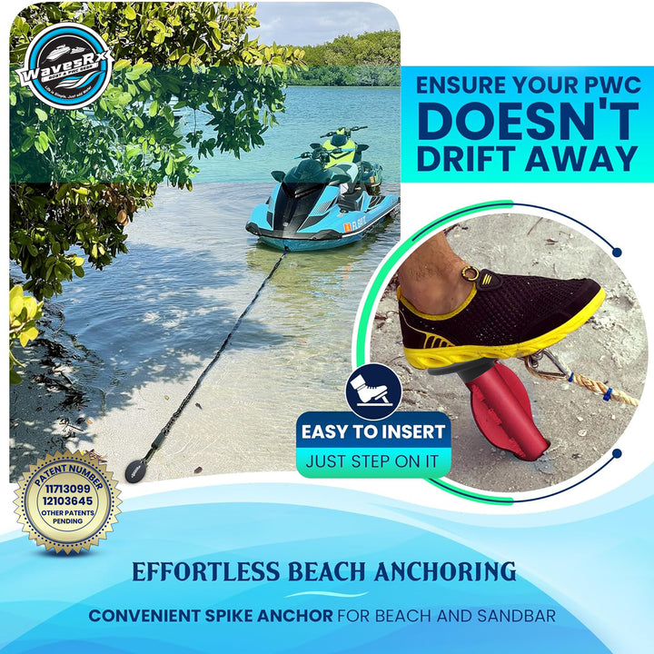 Advertisement for a spike anchor for beach anchoring with a watercraft on a dock.