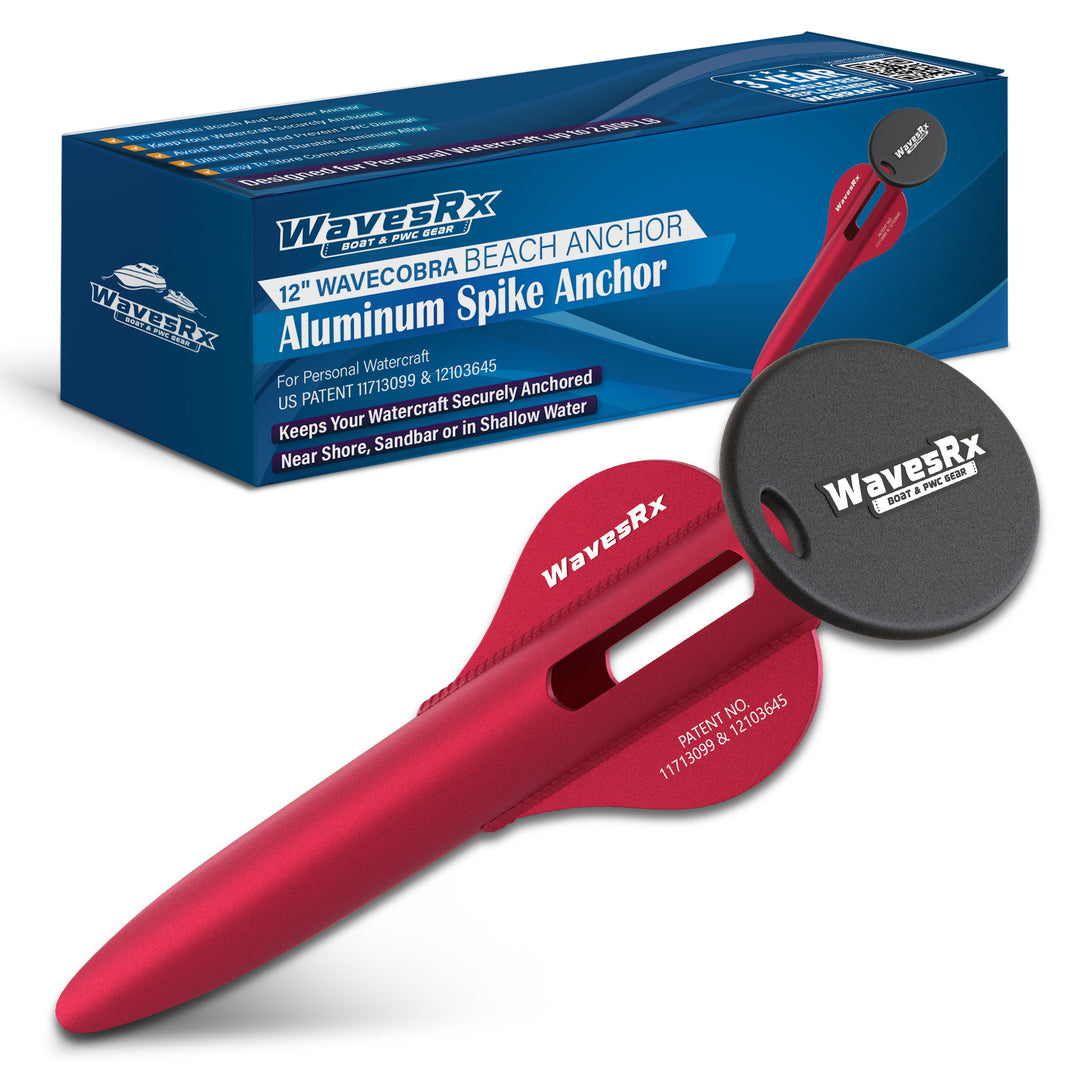 12" Red aluminum spike anchor with black cap and WaveRx packaging on a white background