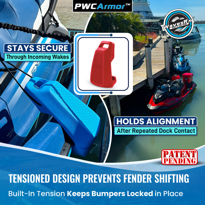 Advertisement for PWC Armor with a blue watercraft and docked boats in the background.