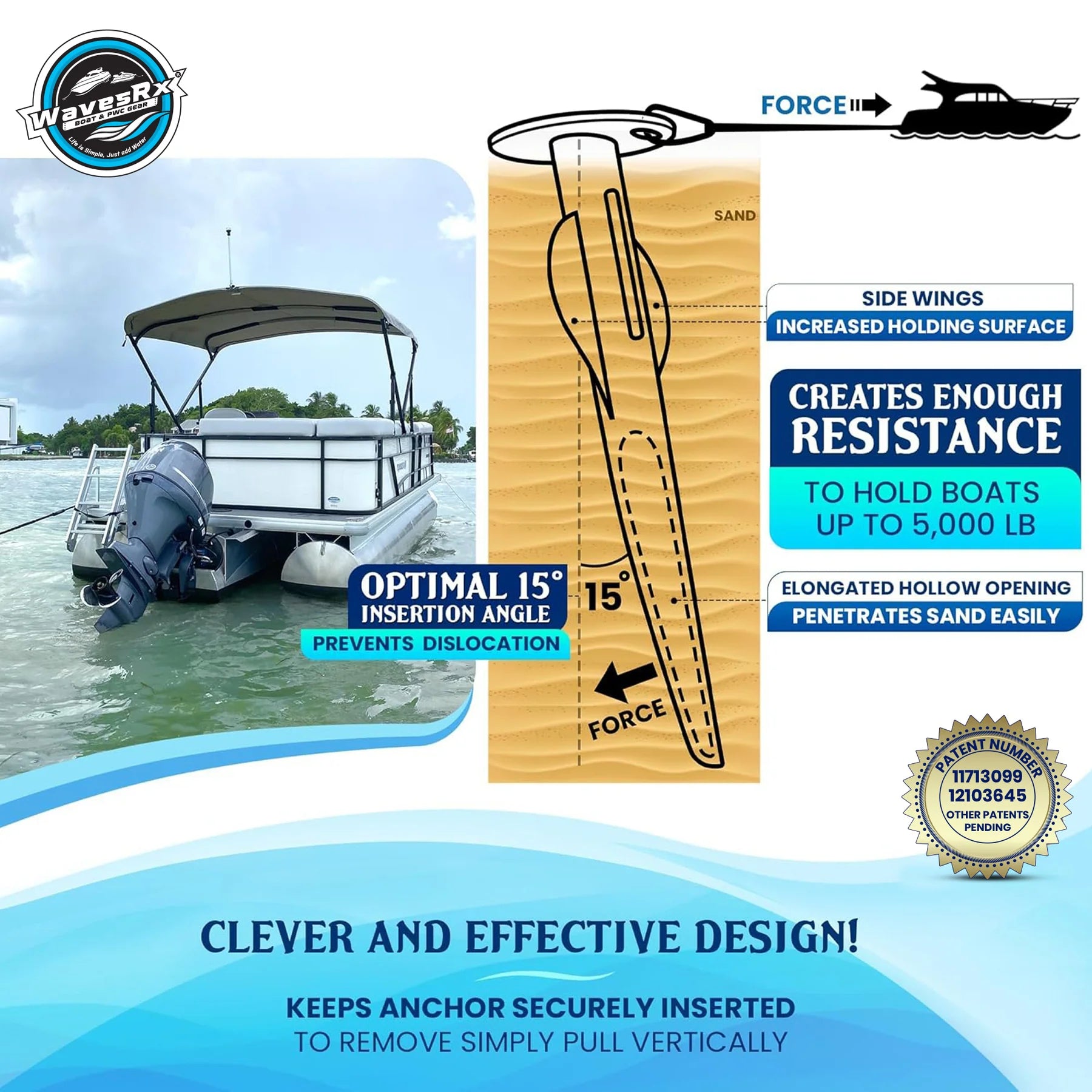 WAVESRX BUNGEE LINE (14' - 50') + ALUMINUM SAND ANCHOR + BOAT DOCK LINE ⅜” X 15’