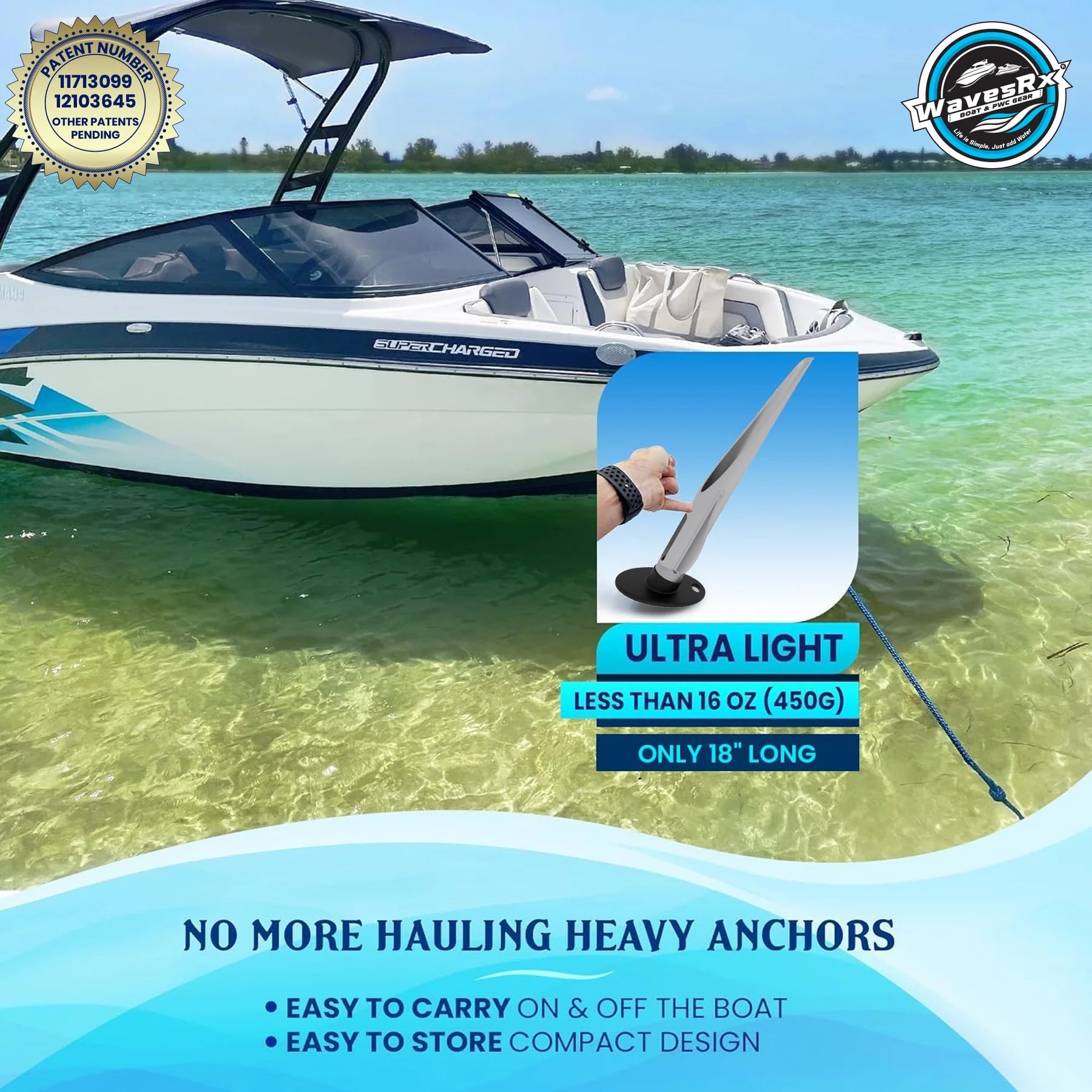 WAVESRX BUNGEE LINE (14' - 50') + ALUMINUM SAND ANCHOR + BOAT DOCK LINE ⅜” X 15’