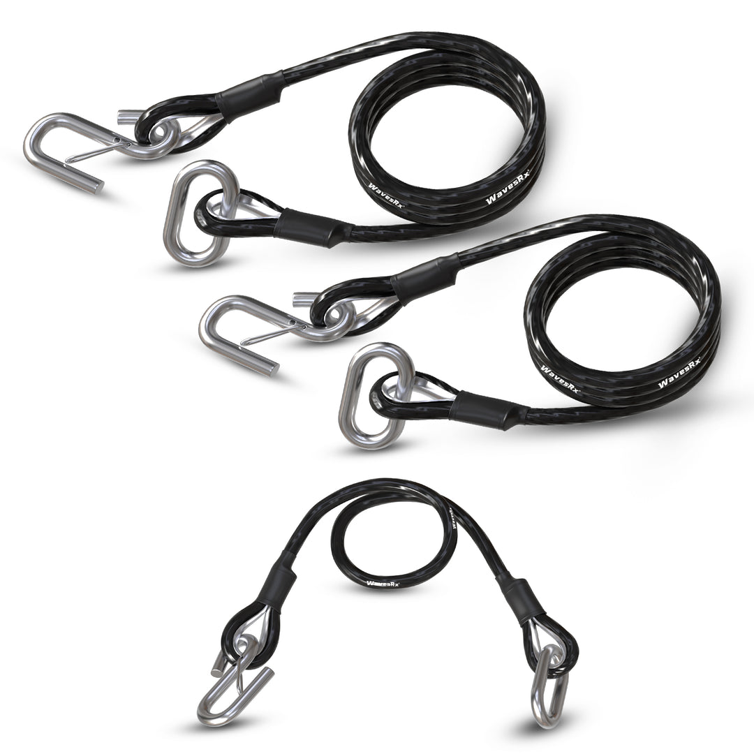 Set of three black bungee cords with metal hooks on a white background