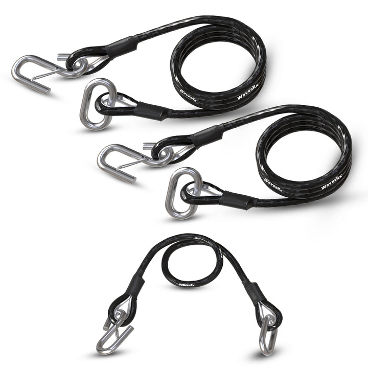 Set of three black bungee cords with metal hooks on a white background