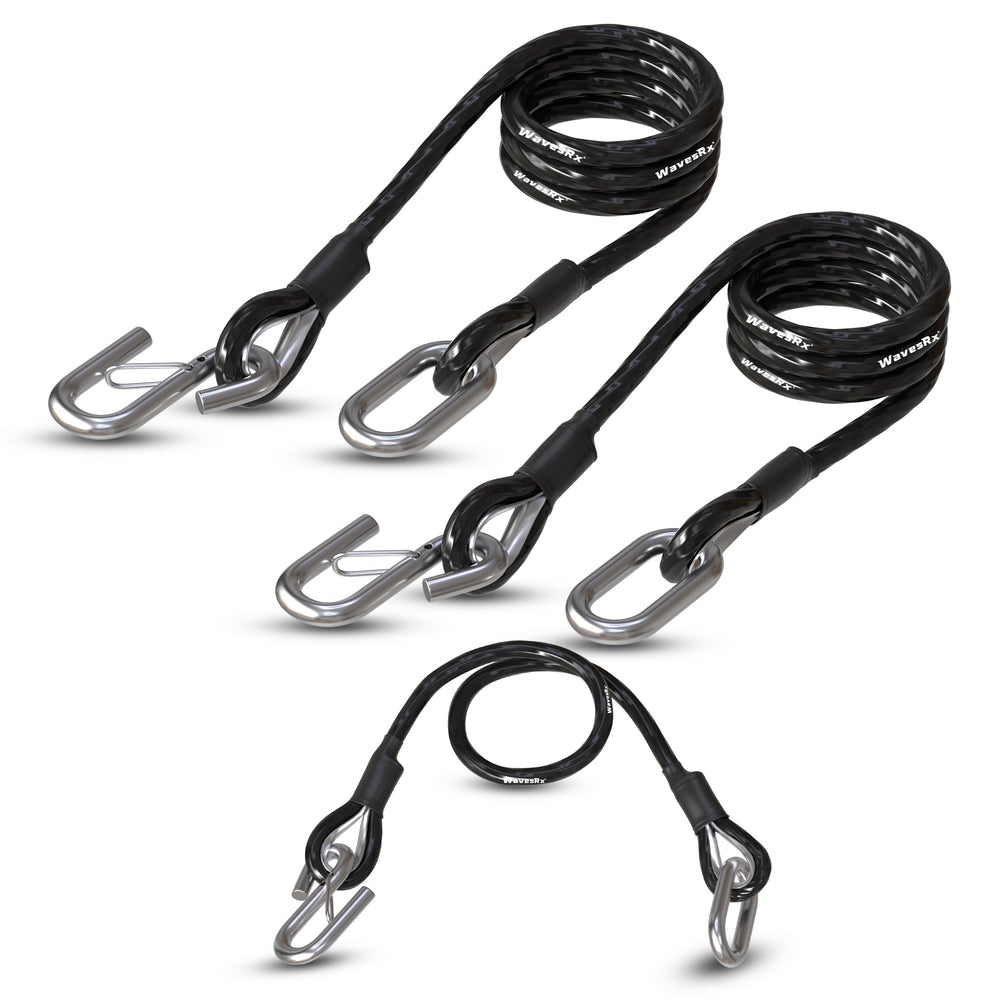 Set of black bungee cords with carabiners on a white background