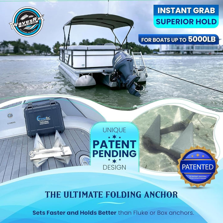 Boat with an anchor system on a water background, featuring patent pending design and patented badge.