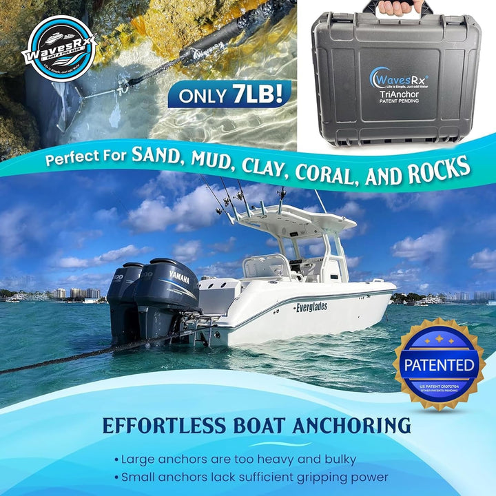 WavesRx product packaging with a boat and water background, highlighting features like weight, anchoring capabilities, and patent badge.
