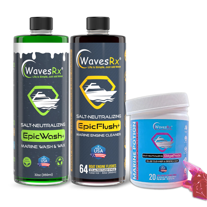 WAVESRX SALT-NEUTRALIZING BOAT SOAP (EPICWASH) + MARINE ENGINE FLUSH (EPICFLUSH) + BILGEPODS