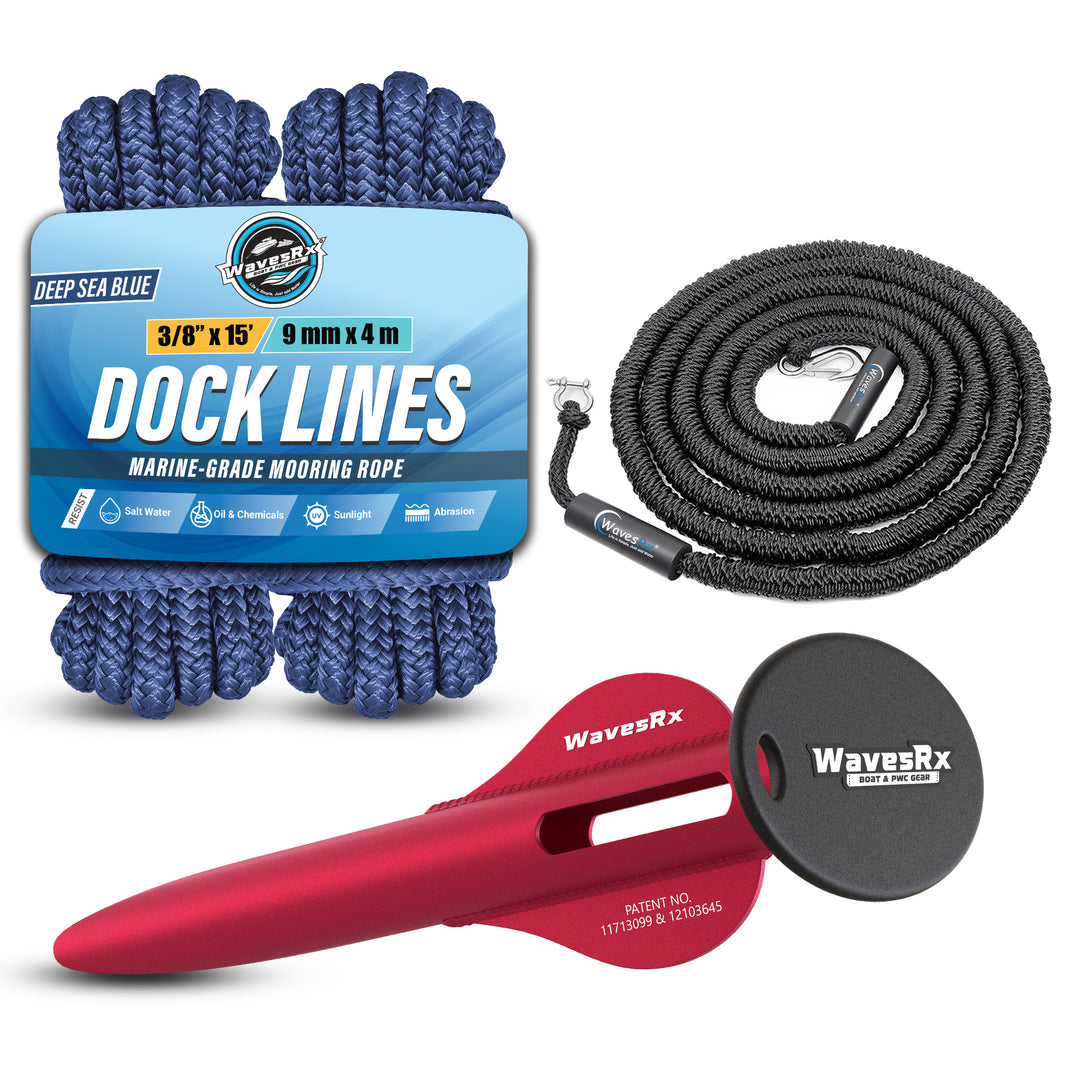 WAVESRX BUNGEE LINE (14' - 50') + 12" ALUMINUM SAND ANCHOR + BOAT DOCK LINE ⅜” X 15’