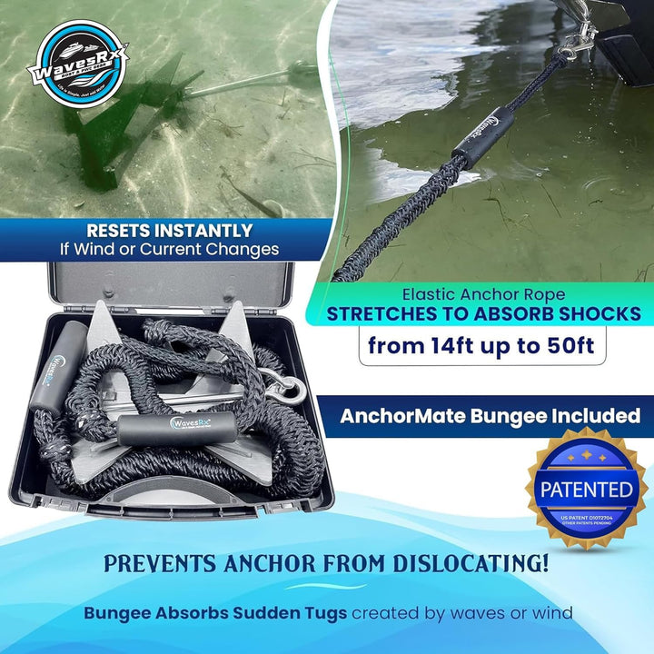 Marine anchor system with elastic anchor rope and bungee included, displayed in a case.