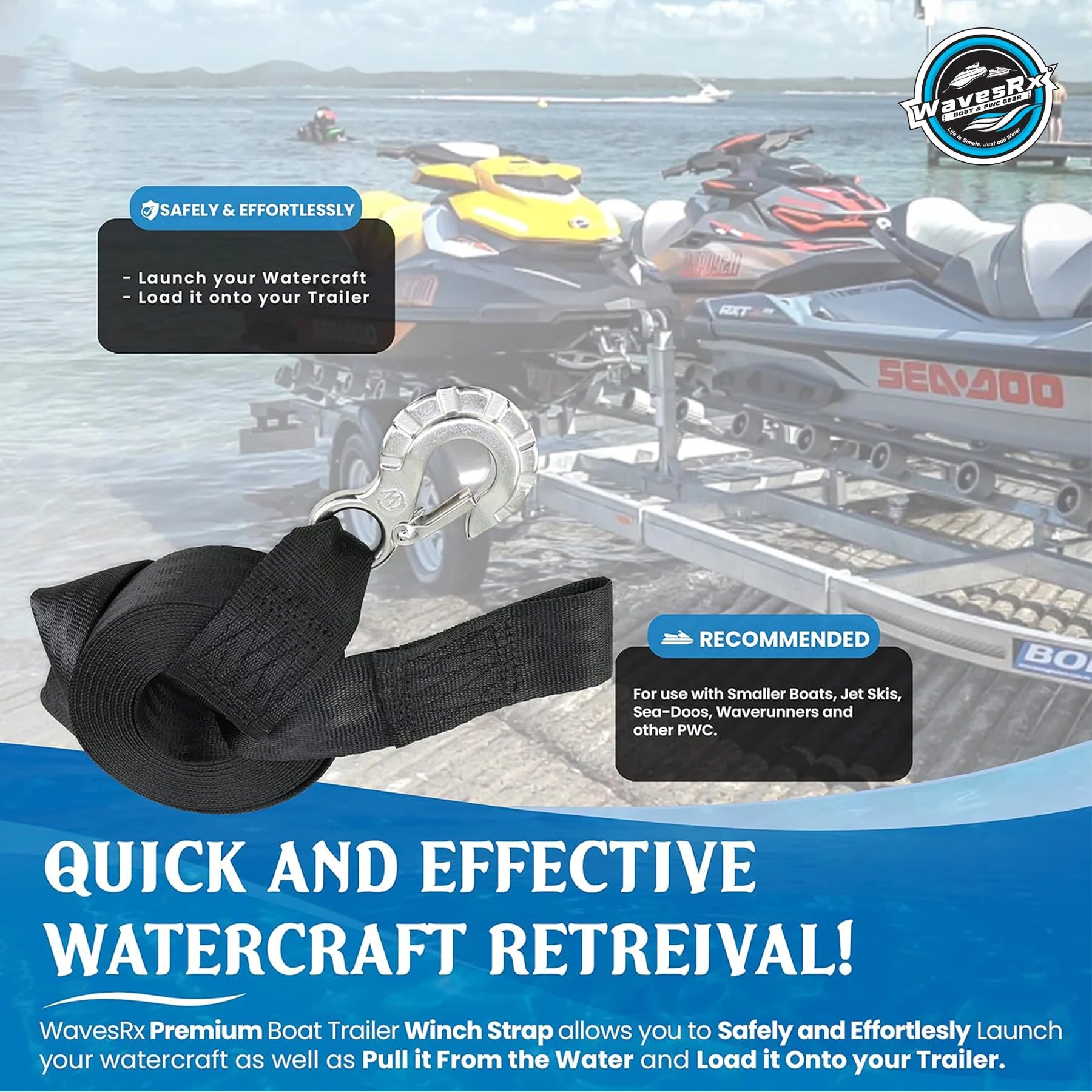 2"X12' JET SKI TRAILER WINCH STRAP WITH SS HOOK + CERAMIC SPRAY WAX (AQUASHIELD)