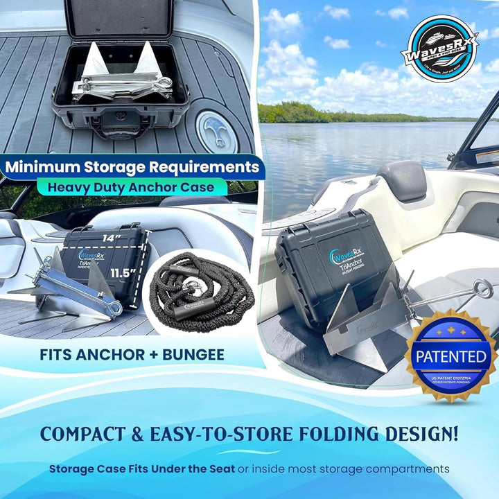 Heavy-duty anchor case with patent badge, shown on a boat with water background.