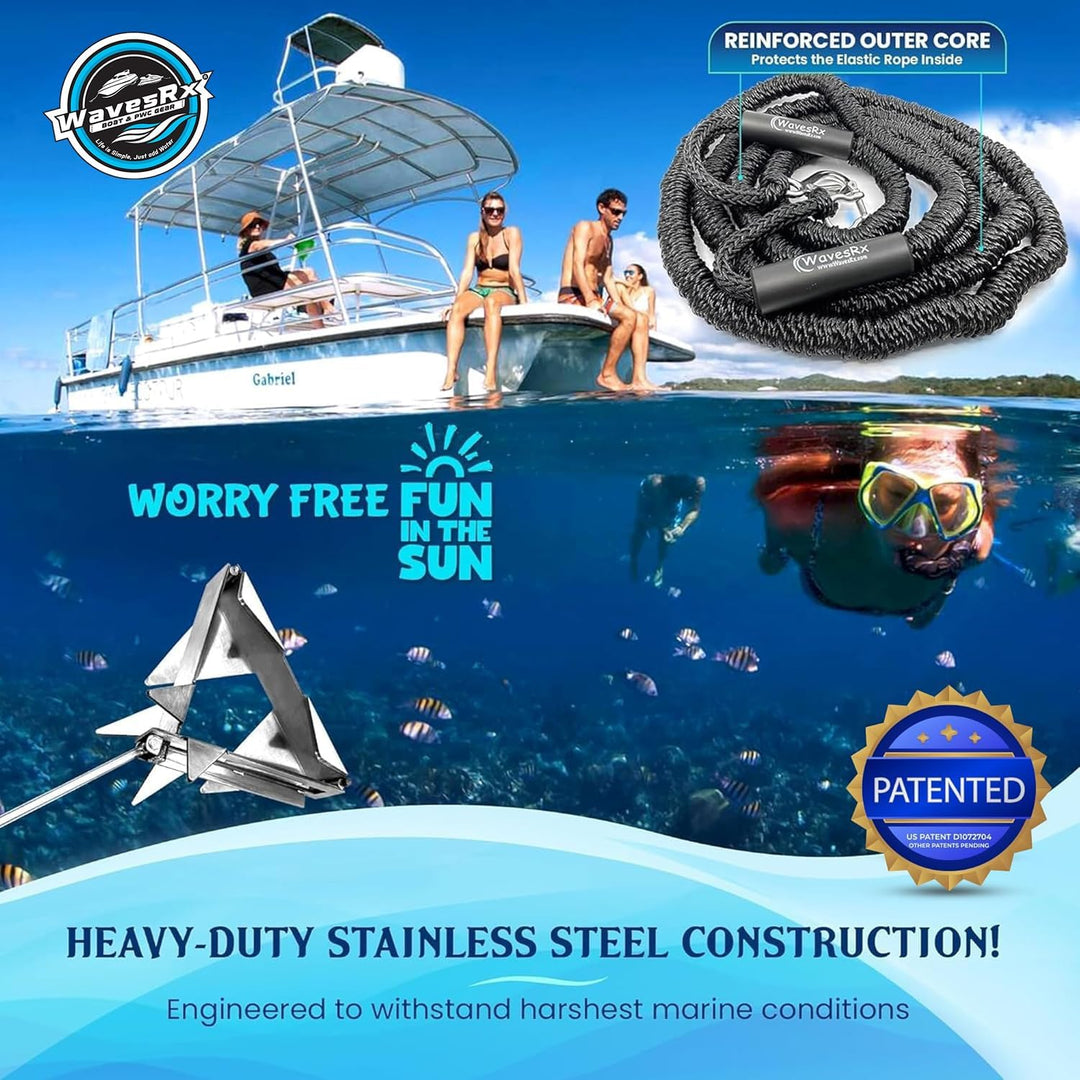 Advertisement for a boat anchor with underwater view, people on a boat, and close-up of anchor.