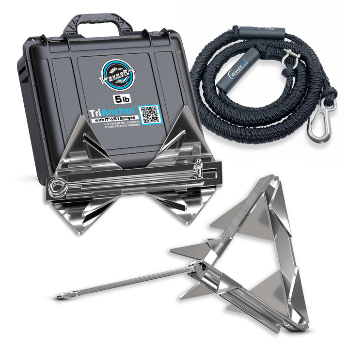 Bow anchor set with carrying case, anchor, and rope on a white background
