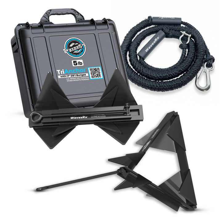WavesRx Trion Anchor set with carrying case and rope on a white background