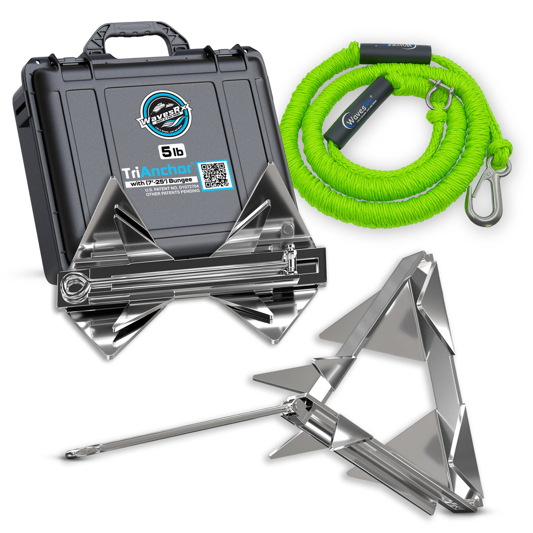 Metal anchor with carrying case and green rope on a white background