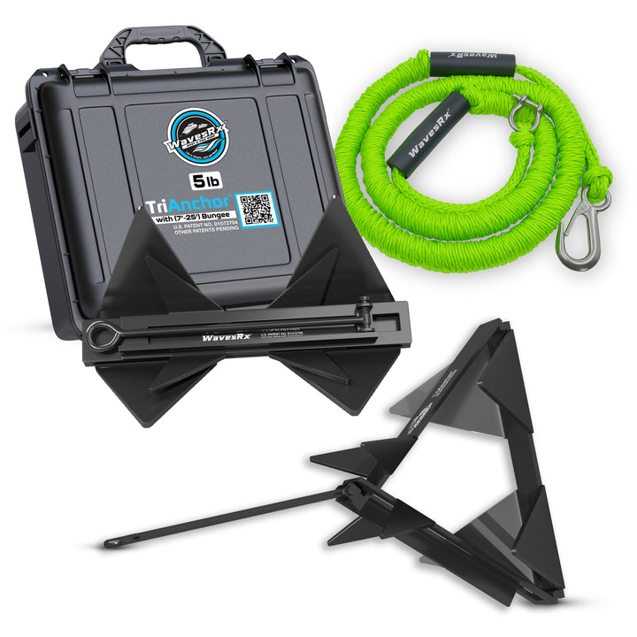 WavesRx Trion Anchor set with case and rope on a white background