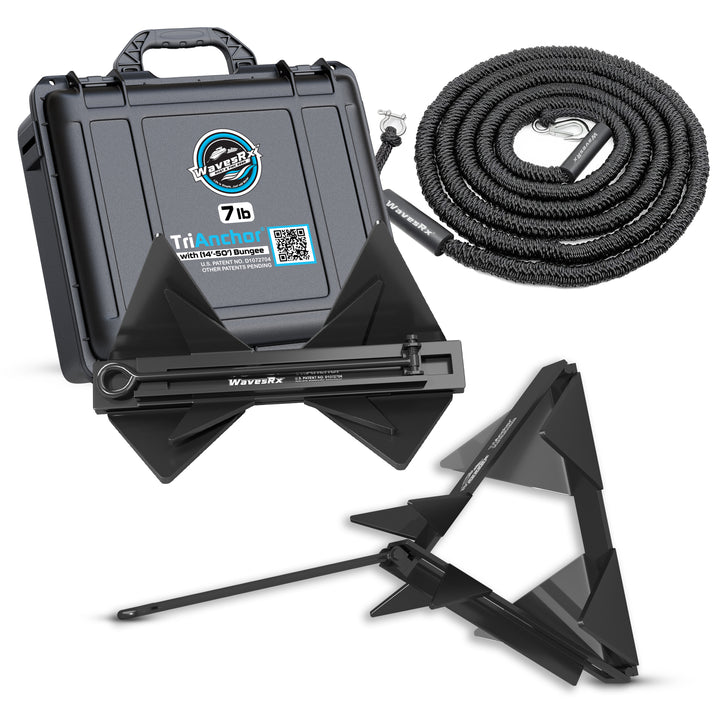 Tri Anchor 7 lb with carrying case and rope on a white background