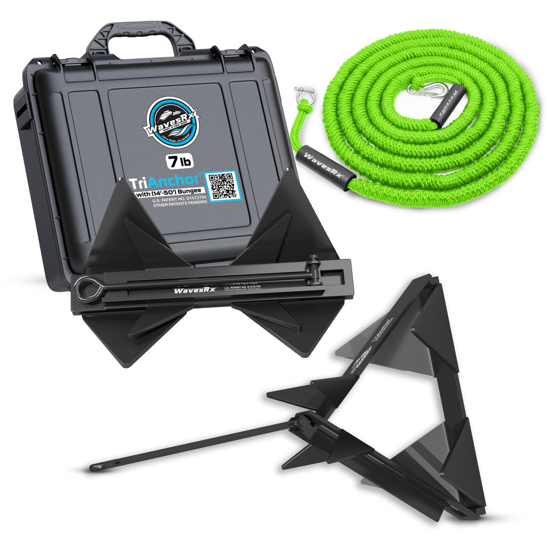 WavesRx anchor system with black anchor, green rope, and carrying case on a white background