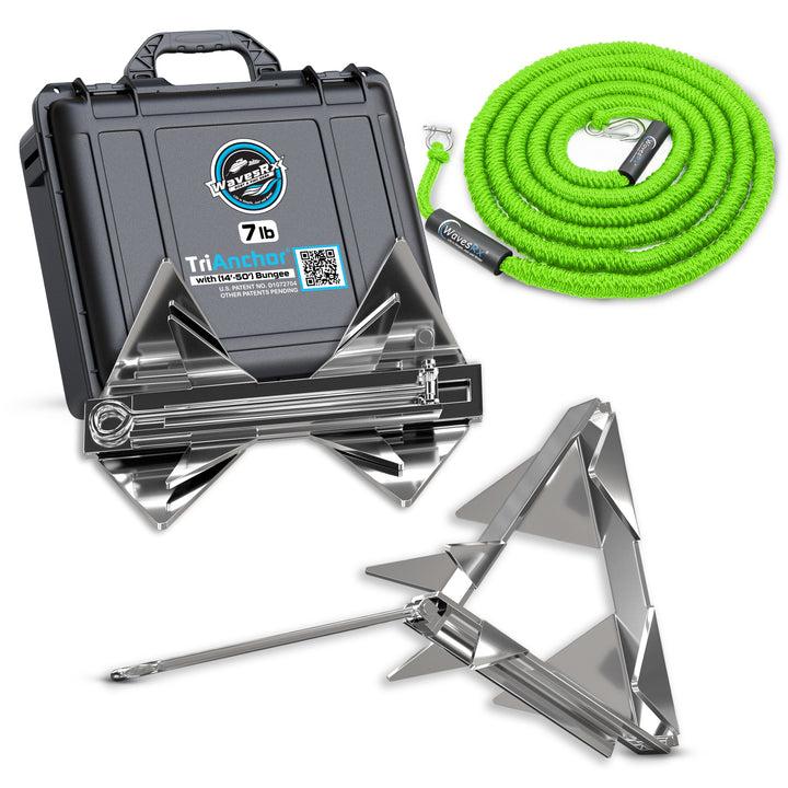 Metal anchor system with case, rope, and tools on a white background