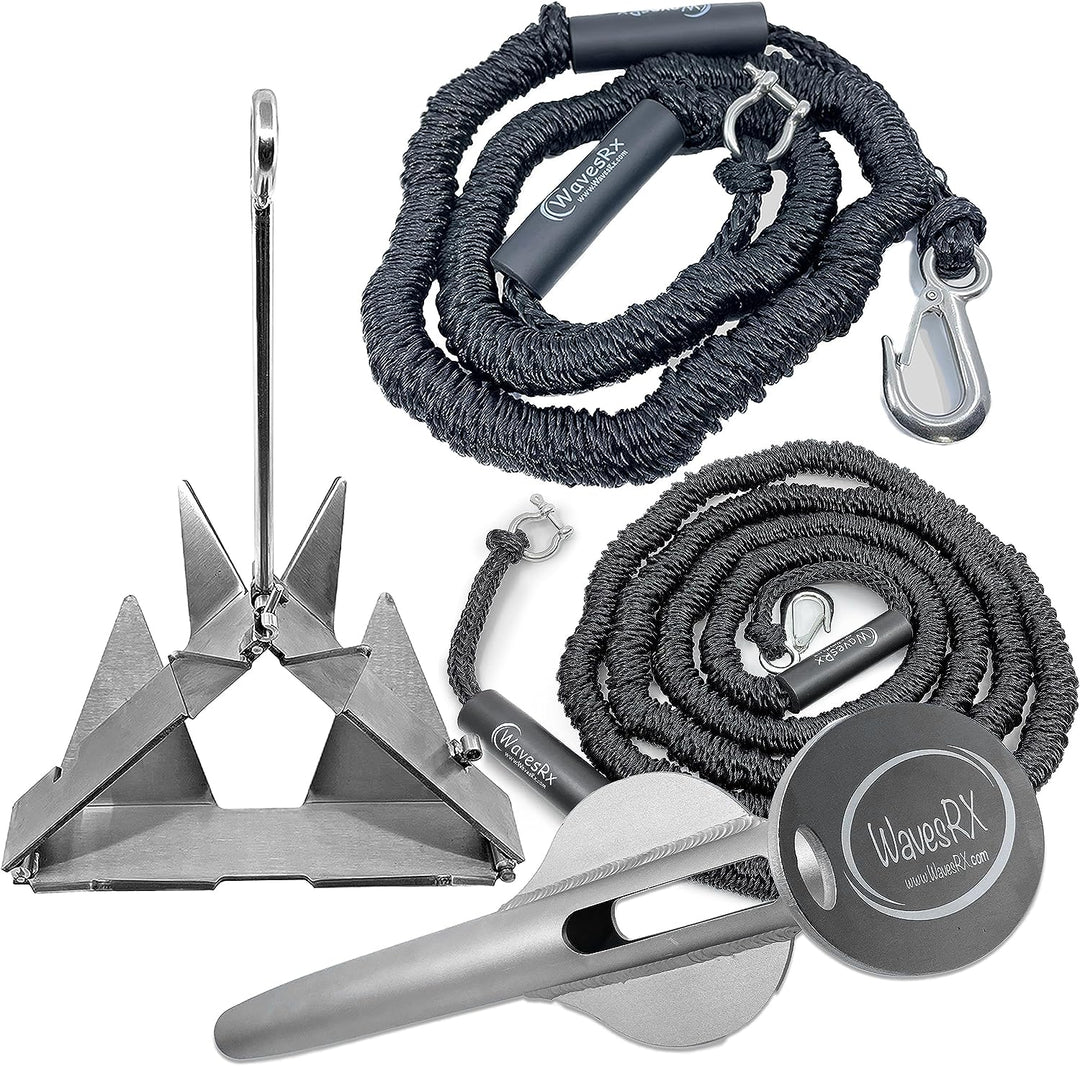 18'' ALUMINUM BEACH SPIKE ANCHOR + 7LB TRIANCHOR (STAINLESS STEEL FOLDING ANCHOR) + 2 ANCHORMATE BUNGEE LINES (7'-14' AND 14'-50')