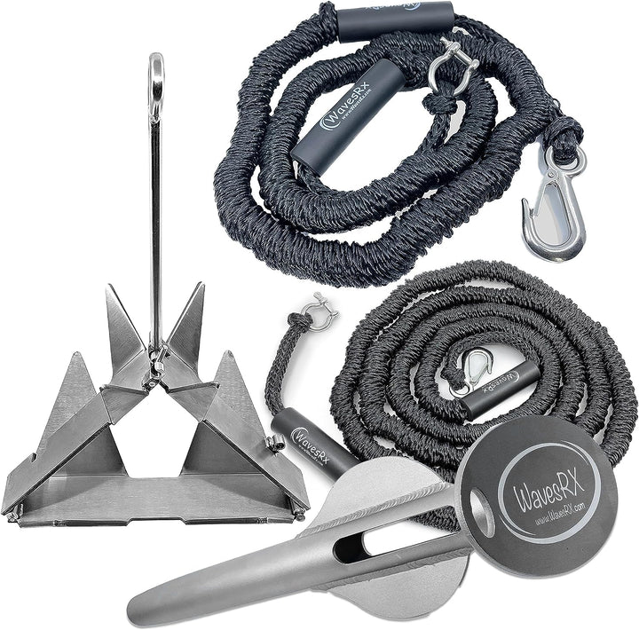 18'' ALUMINUM BEACH SPIKE ANCHOR + 7LB TRIANCHOR (STAINLESS STEEL FOLDING ANCHOR) + 2 ANCHORMATE BUNGEE LINES (7'-14' AND 14'-50')