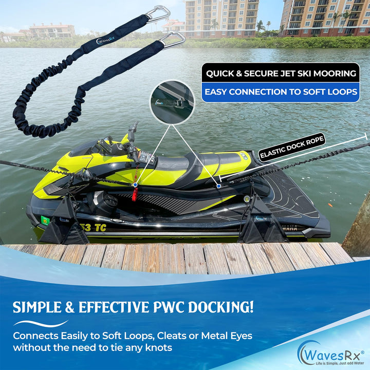 WAVESRX ULTIMATE JET SKI DOCKING BUNDLE | PWC TRIFENDER BUMPERS (2PK) + DOCKINGPAL BUNGEE ROPES 3'-5' (2PK) + SOFT LOOP CLEATS