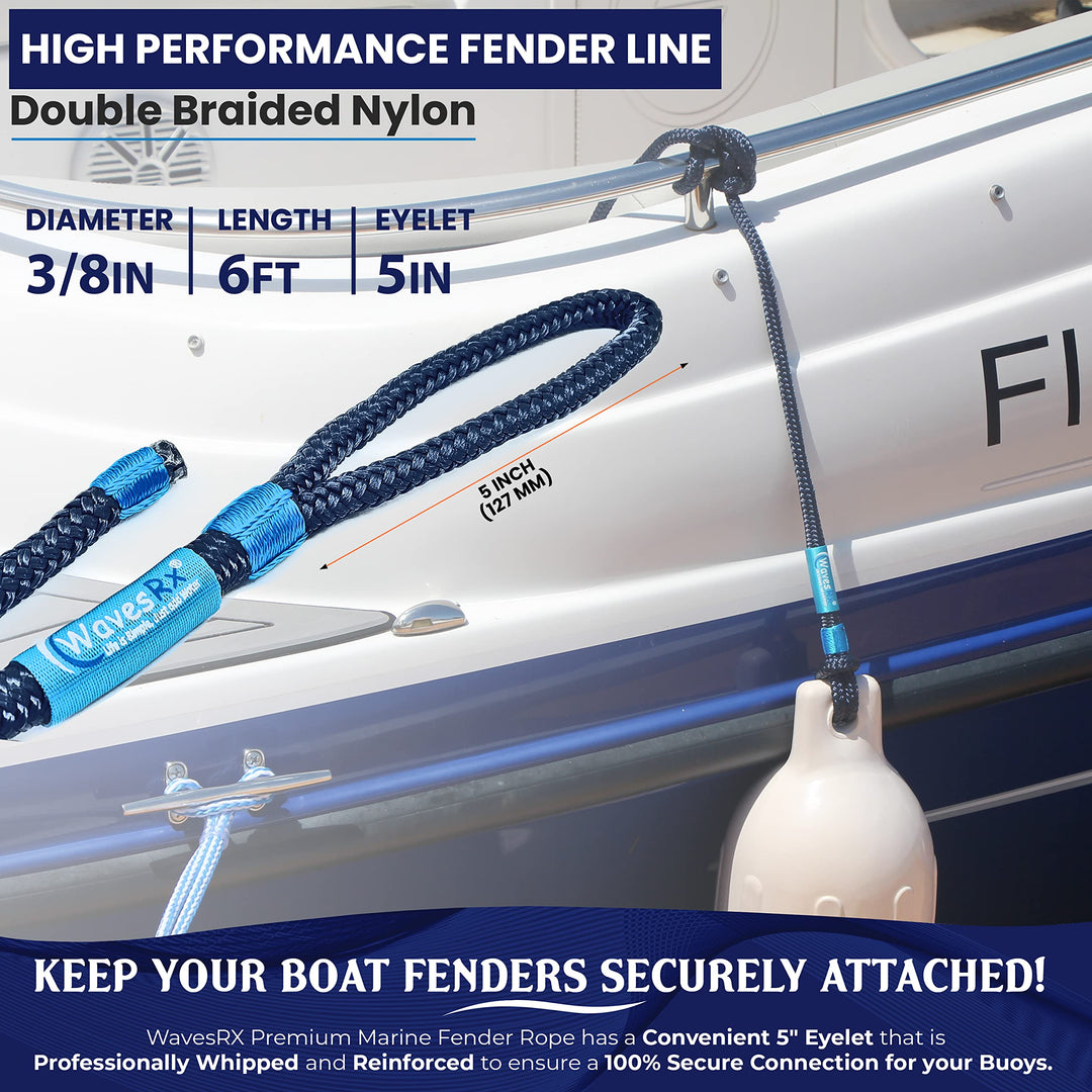 Wavesrx Boat Fender Lines 3/8'' x 6' (2pk) | Premium Marine Rope for Hanging Bumpers & Buoys When Docking Your Watercraft