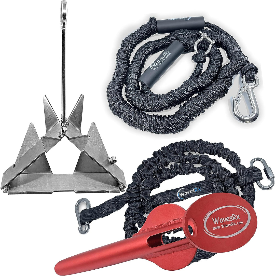 12'' Aluminum Beach Spike Anchor + 5lb TriAnchor (Stainless Steel Folding Anchor) + 2 AnchorMate Bungee Lines (7'-14' and 7'-25')