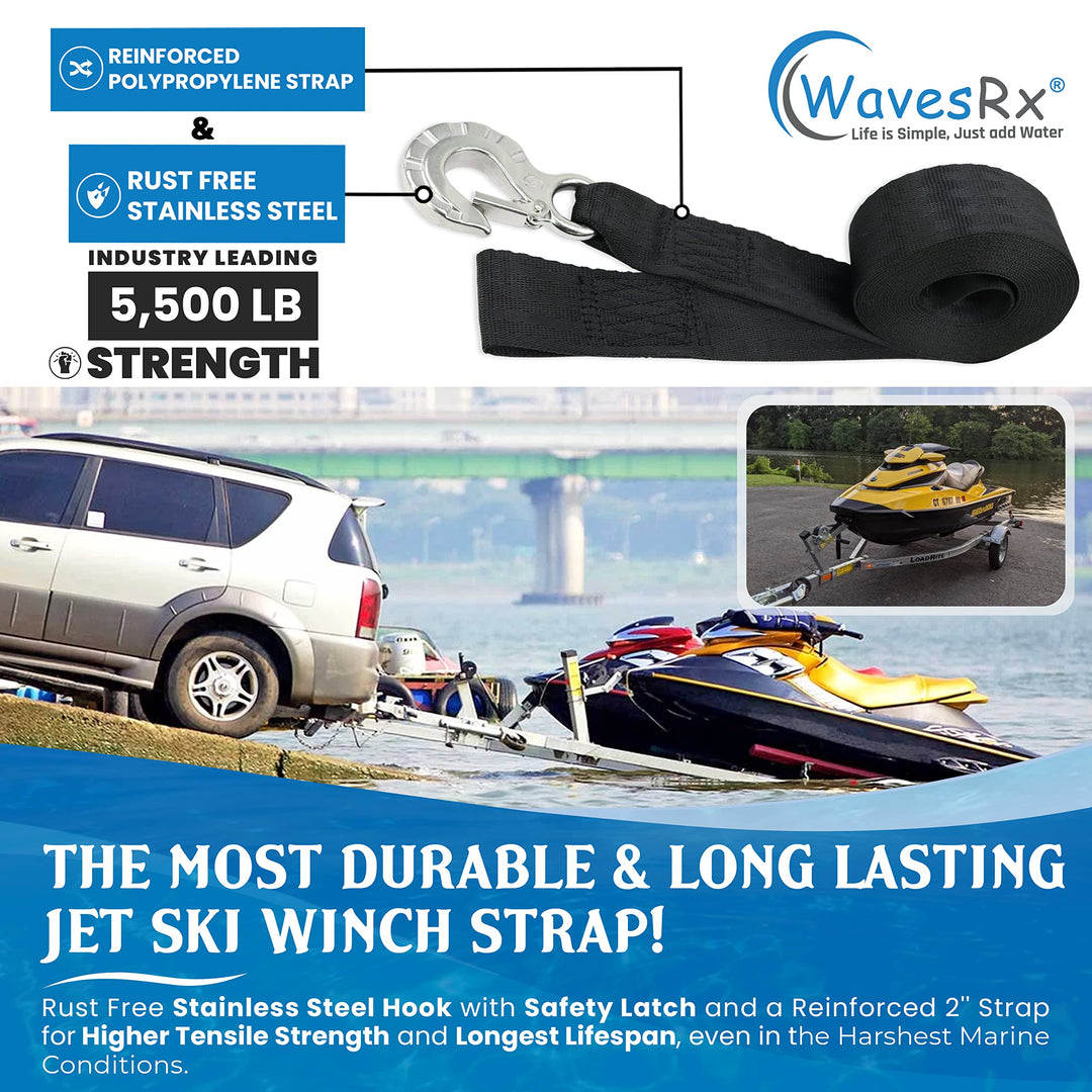 WavesRx Jet Ski Mooring and Transportation Bundle | Soft Loop Cleats (7PK) + 12' Winch Strap + 24" Transom Tie-Down Straps (2PK)