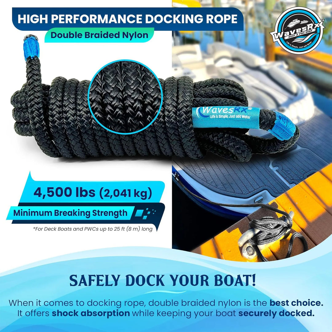 WAVESRX BUNGEE LINE (14' - 50') + 12" ALUMINUM SAND ANCHOR + BOAT DOCK LINE ⅜” X 15’