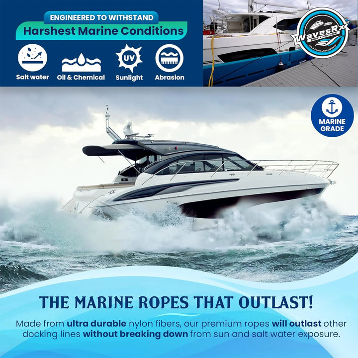WAVESRX BUNGEE LINE (14' - 50') + 12" ALUMINUM SAND ANCHOR + BOAT DOCK LINE ⅜” X 15’