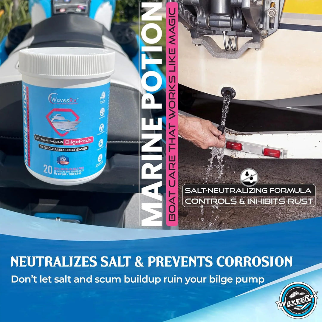 WAVESRX SALT-NEUTRALIZING BOAT SOAP (EPICWASH) + MARINE ENGINE FLUSH (EPICFLUSH) + BILGEPODS