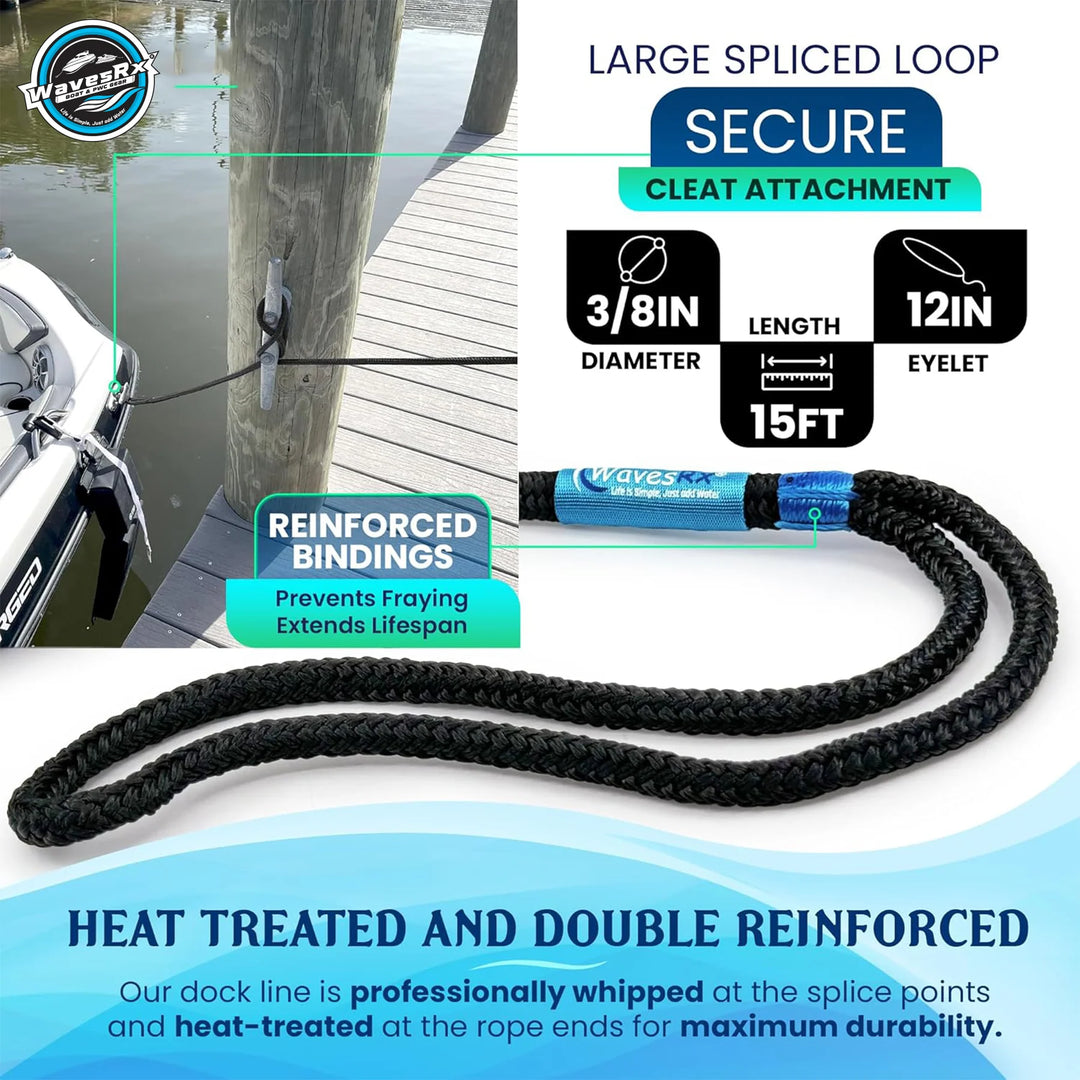 WAVESRX BUNGEE LINE (14' - 50') + 12" ALUMINUM SAND ANCHOR + BOAT DOCK LINE ⅜” X 15’
