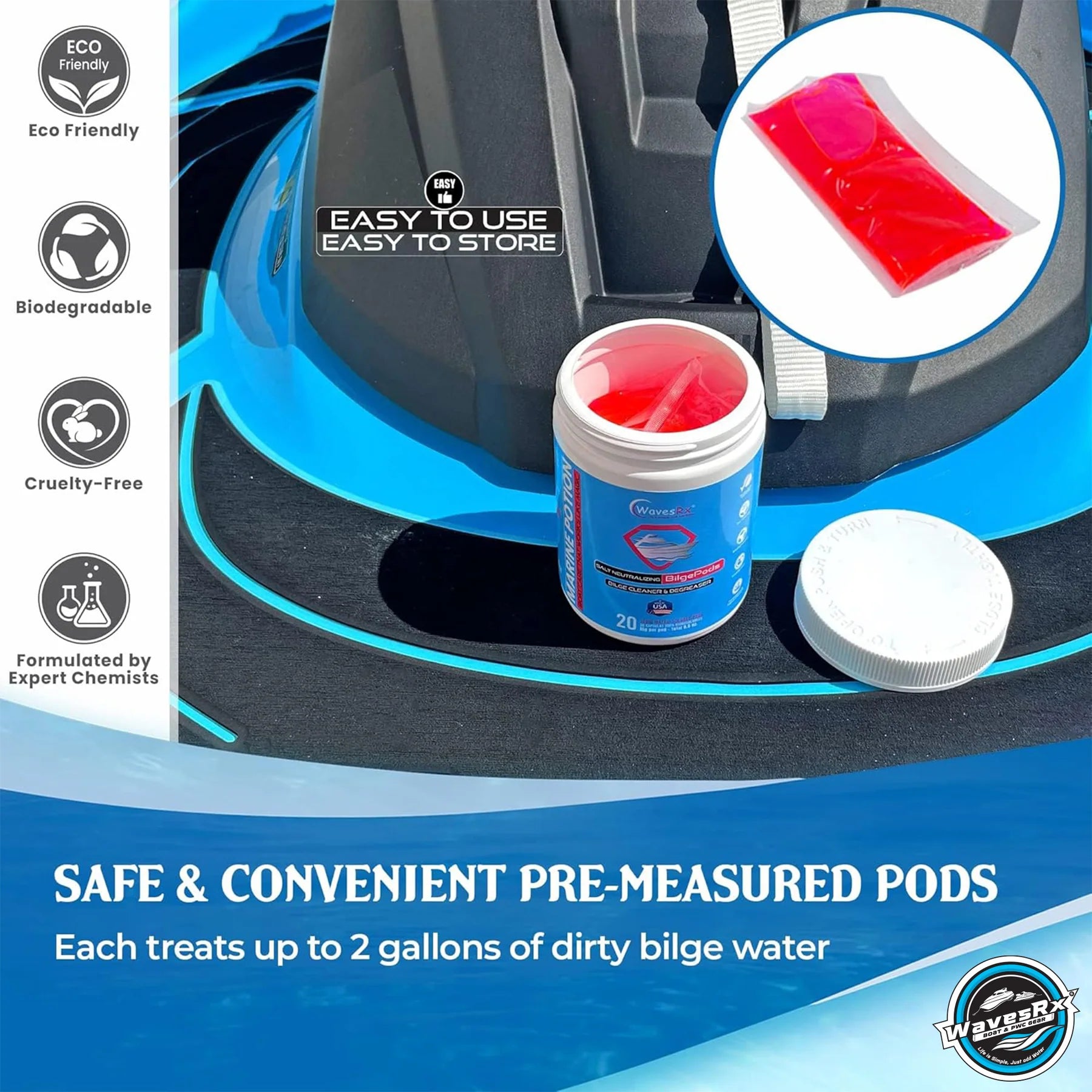 WAVESRX SALT-NEUTRALIZING BOAT SOAP (EPICWASH) + MARINE ENGINE FLUSH (EPICFLUSH) + BILGEPODS