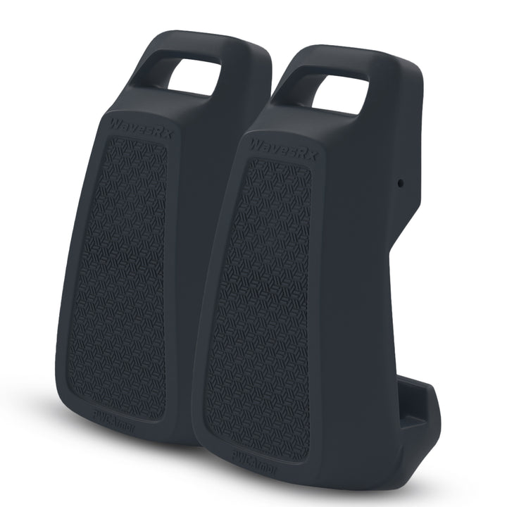 Two black slip-on motorcycle foot pegs on a white background