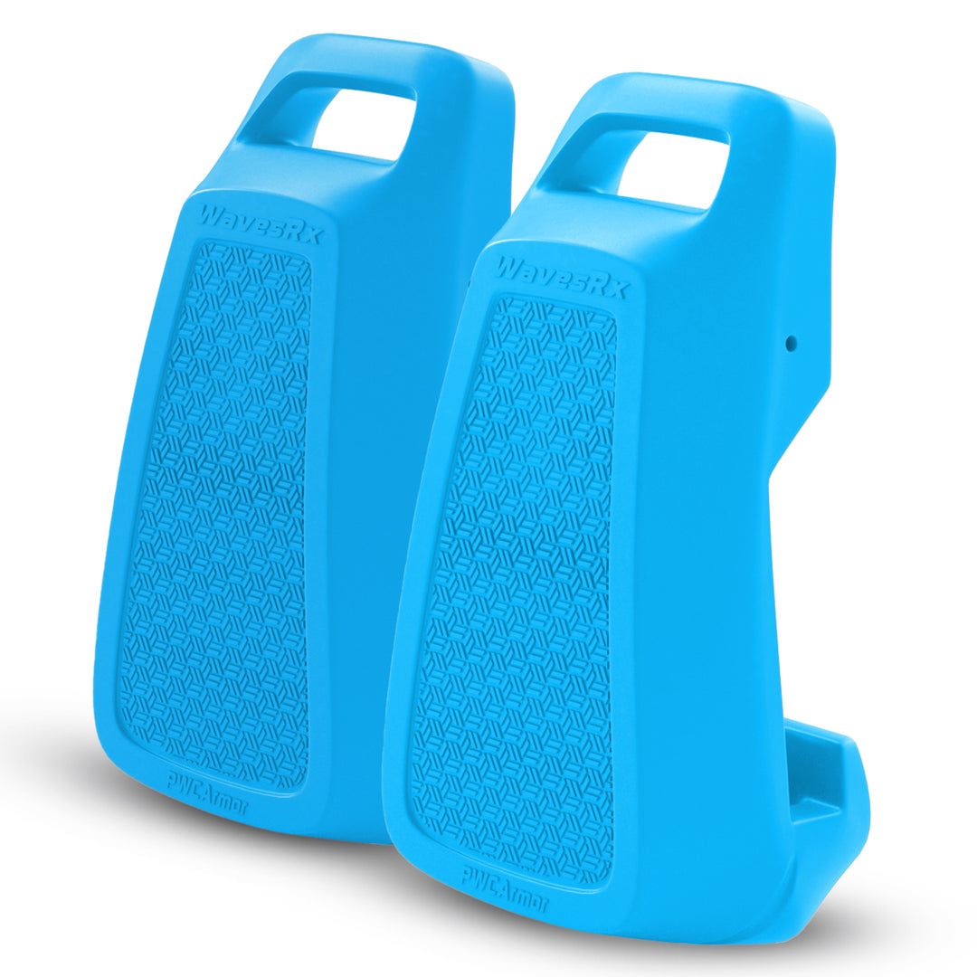 Two blue plastic steps with textured surface and handles on a white background