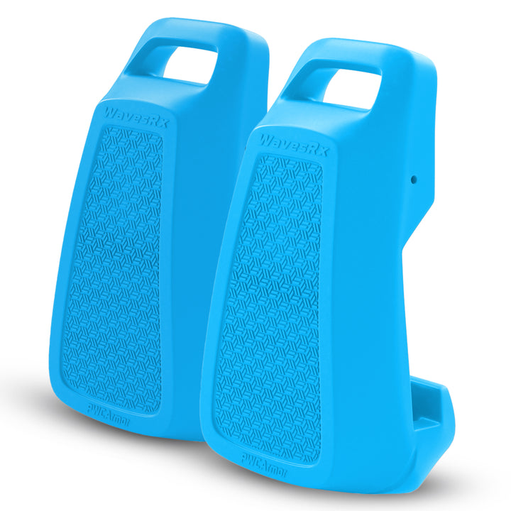Two blue plastic steps with textured surface and handles on a white background