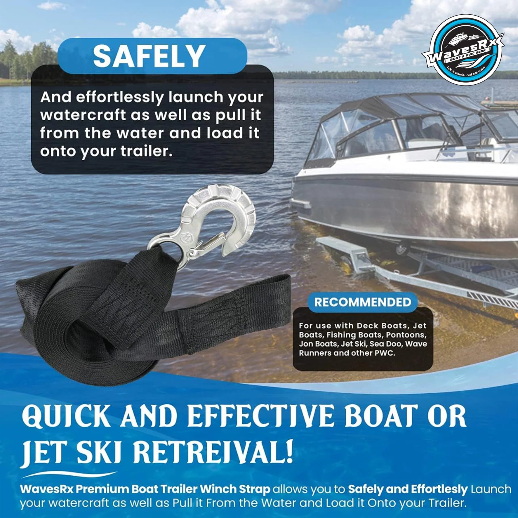 JET SKI TRAILER WINCH STRAP + 2PK 24" TRANSOM TIE-DOWN STRAPS