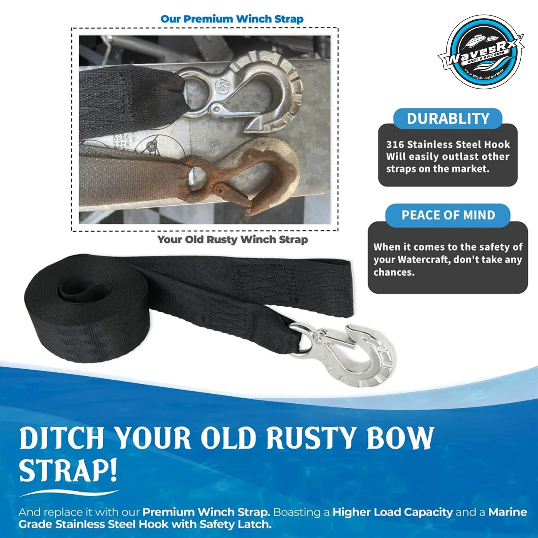 JET SKI TRAILER WINCH STRAP + 2PK 48" TRANSOM TIE-DOWN STRAPS