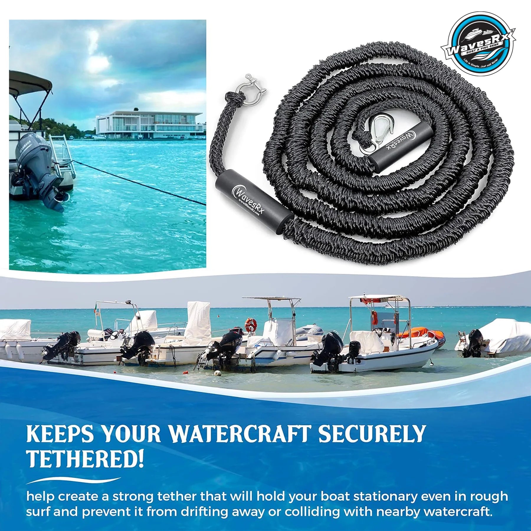WAVESRX BUNGEE LINE (14' - 50') + 12" ALUMINUM SAND ANCHOR + BOAT DOCK LINE ⅜” X 15’