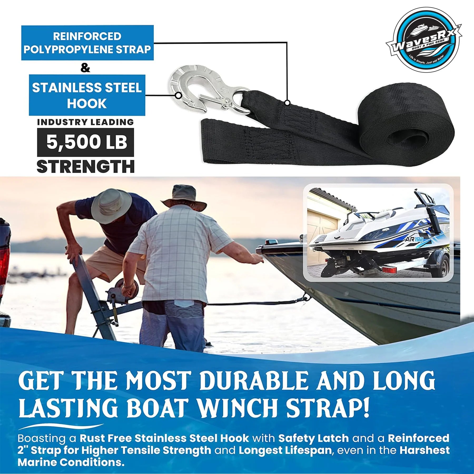 JET SKI TRAILER WINCH STRAP + 2PK 24" TRANSOM TIE-DOWN STRAPS