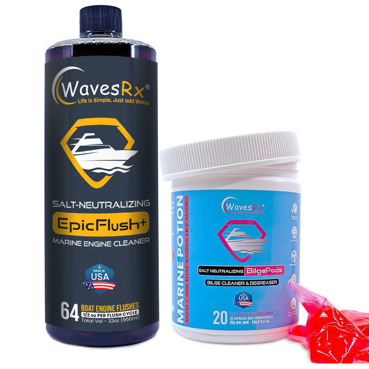 WAVESRX MARINE ENGINE FLUSH & PROTECTANT (EPICFLUSH) + SALT-NEUTRALIZING BILGE CLEANER (BILGEPODS) | BOAT ENGINE CLEANER & PROTECTOR - REMOVES SALT & RUST I WATER-ACTIVATED BILGE CLEANING AS YOU RIDE