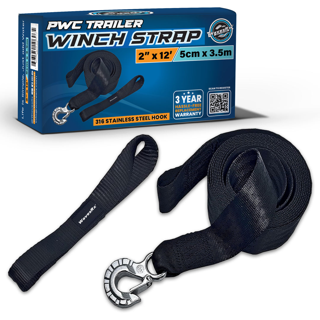 PWC Trailer Winch Strap with packaging on a white background