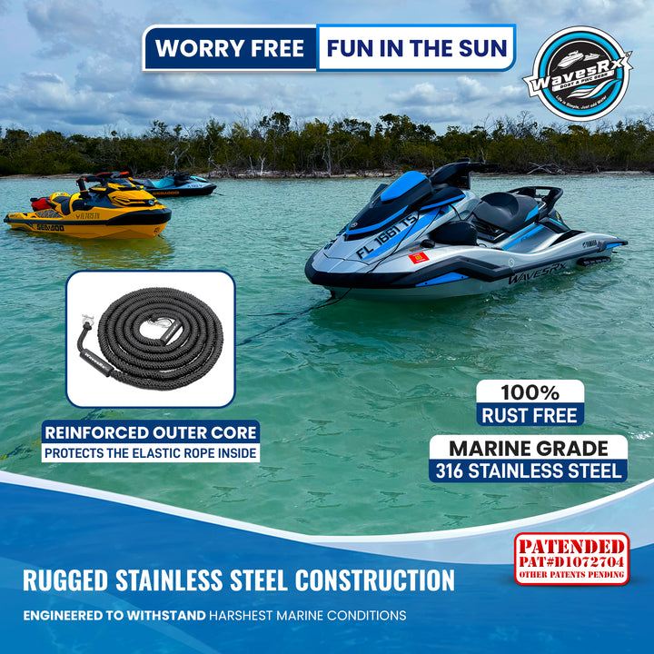 Marine-grade stainless steel rope with WavesRx branding and text about product features.