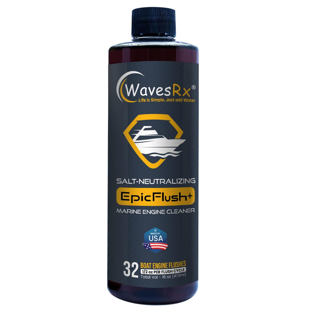 Bottle of WavesRx EpicFlush+ marine engine cleaner on a white background