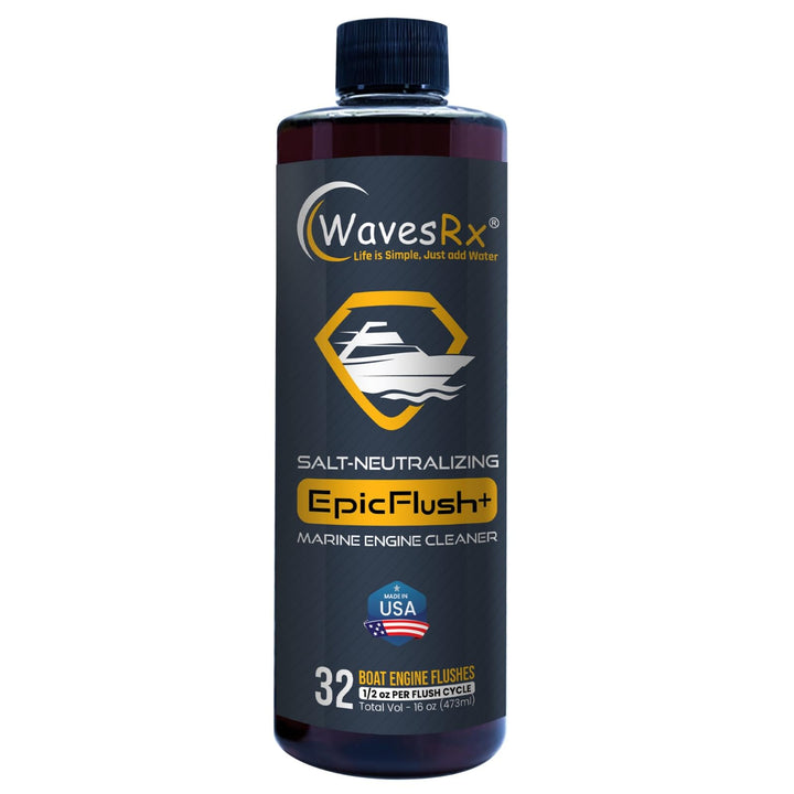 Bottle of WavesRx EpicFlush+ marine engine cleaner on a white background