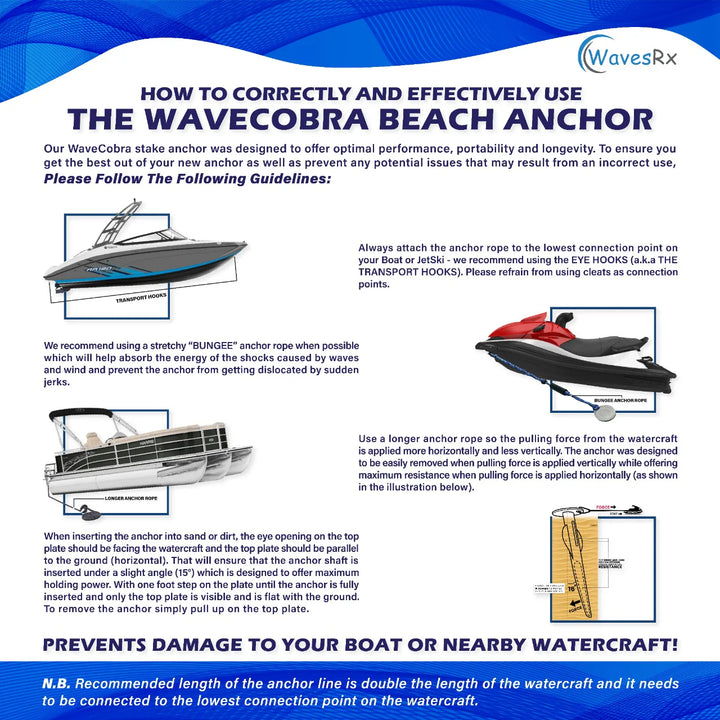 WAVESRX ANCHORING & DOCKING BUNDLE | ALUMINUM SAND SPIKE BEACH ANCHOR + BUNGEE ANCHOR LINE (14' - 50')