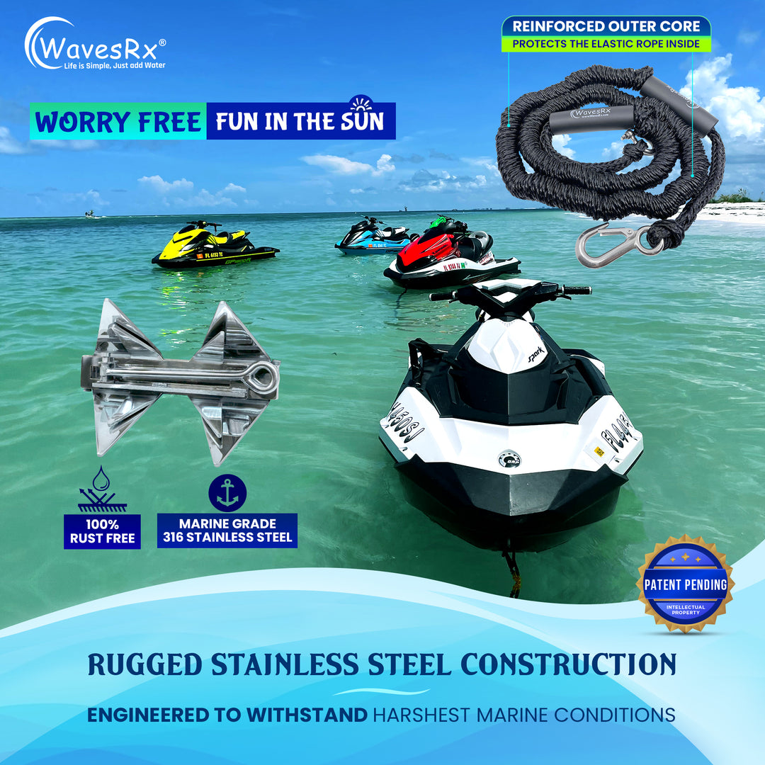 WavesRx 5lb PWC TriAnchor + (7' to 25') AnchorMate Bungee Line | Compact Folding Anchor for Jet Ski, Dinghy & Skiff Boat